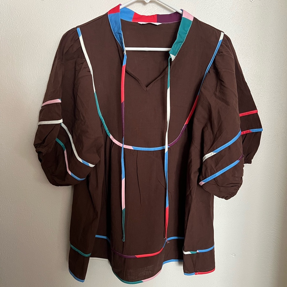 CICY BELL Classic Babydoll Blouse Bubble Sleeves Brown Rainbow Piping Women's 2X